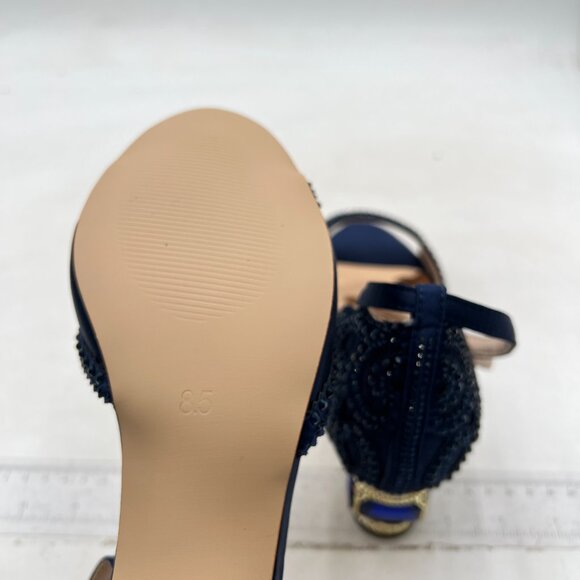 XYD Navy Bridal Ankle Strap Peep Toe Rhinestone Studs Block Low Heel Sandal - Picture 6 of 8